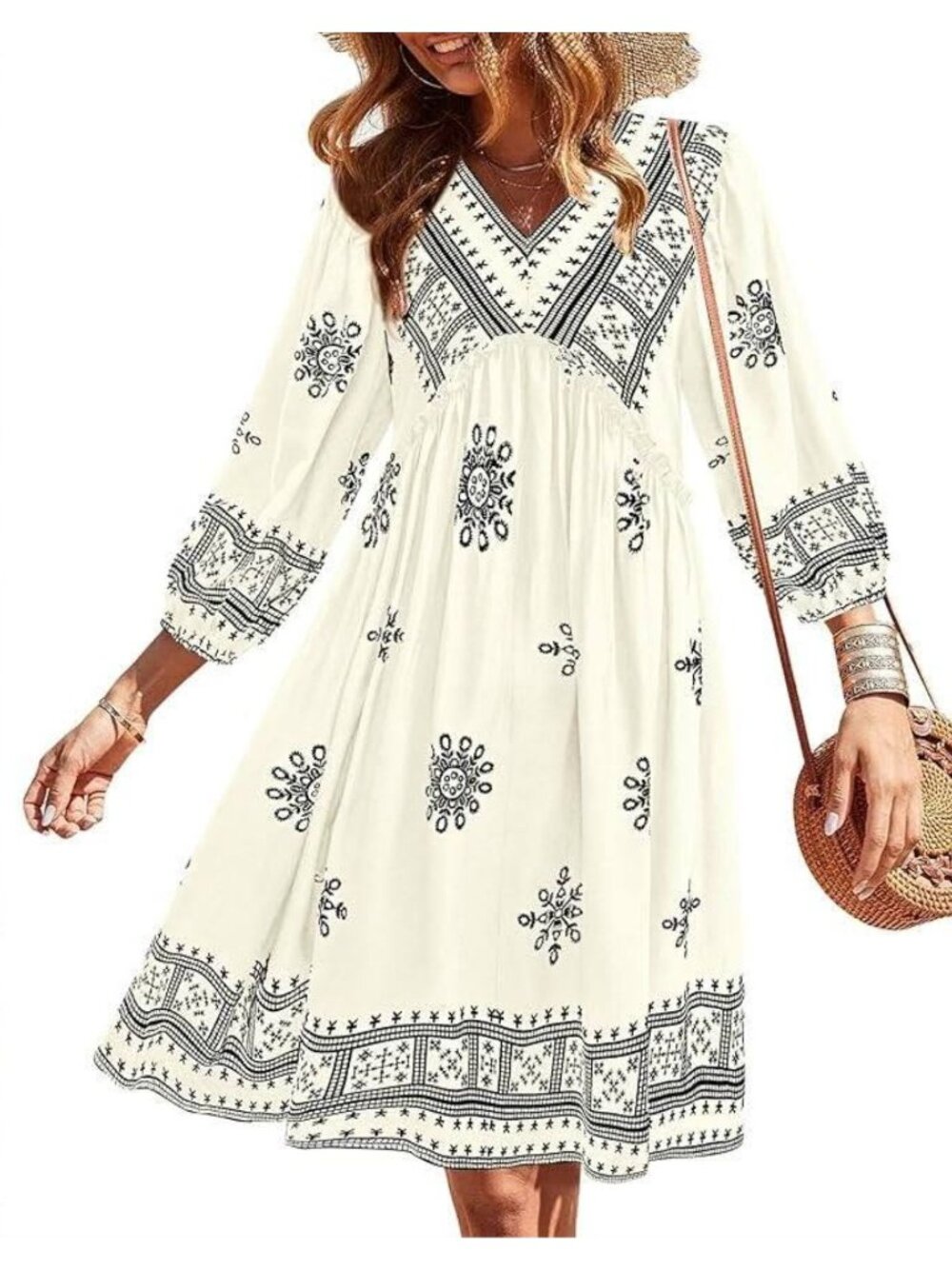 BTFBM White Black Print Empire Waist Dress Size M Fall Party Festival Wedding